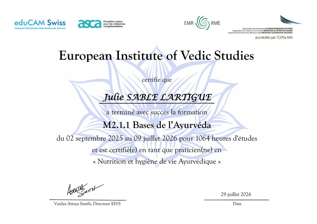 M2.1.1 Foundations of Ayurveda diploma, Practitioner in Ayurvedic Nutrition and Lifestyle, European Institute of Vedic Studies