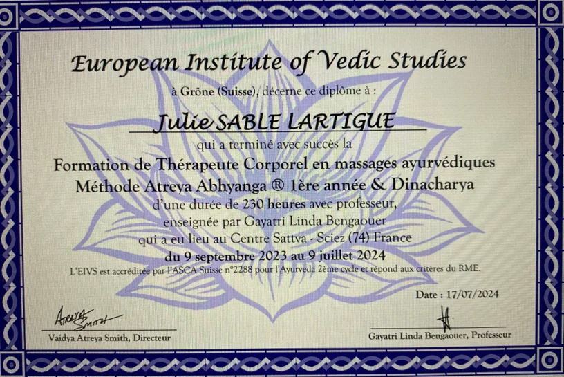 Diplôme de Thérapeute Corporel en massages ayurvédiques, méthode Atreya Abhyanga, European Institute of Vedic Studies