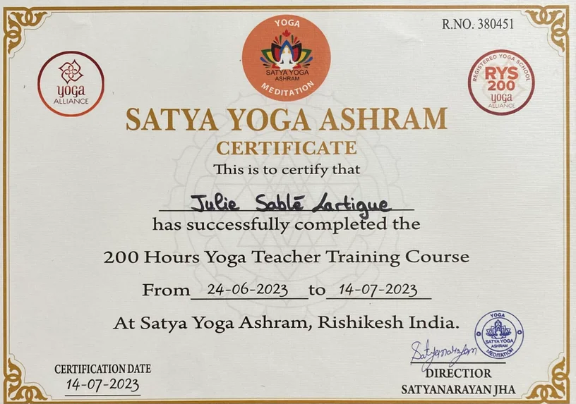 Diplôme 200 Hours Yoga Teacher Training Course, Satya Yoga Ashram, 2023